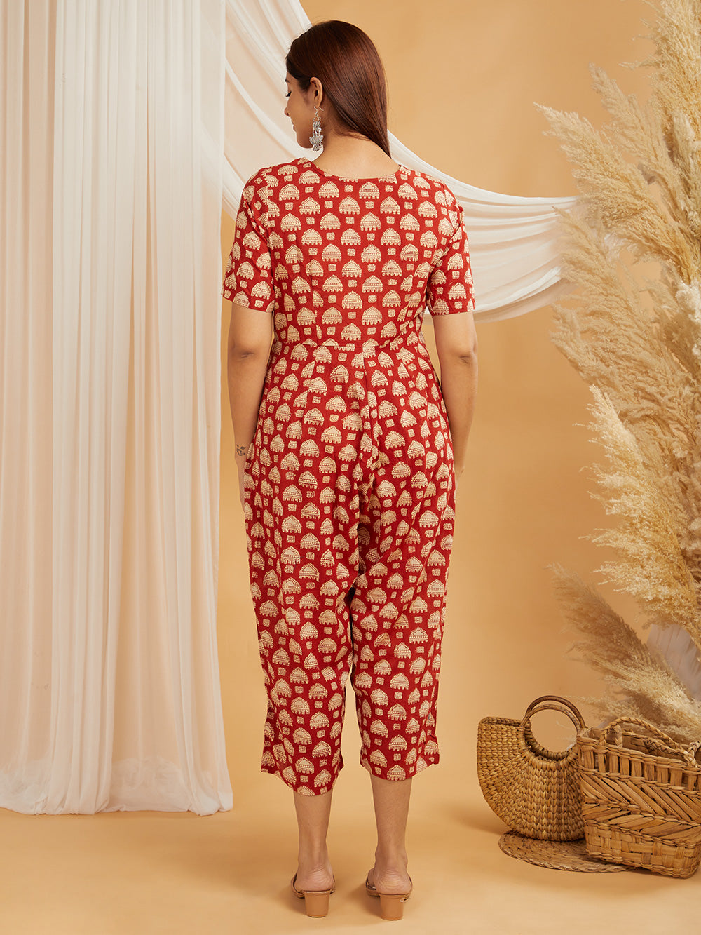 Hand Block Printed Jumpsuit- Red Floral