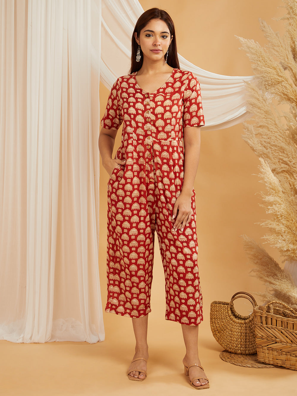 Hand Block Printed Jumpsuit- Red Floral