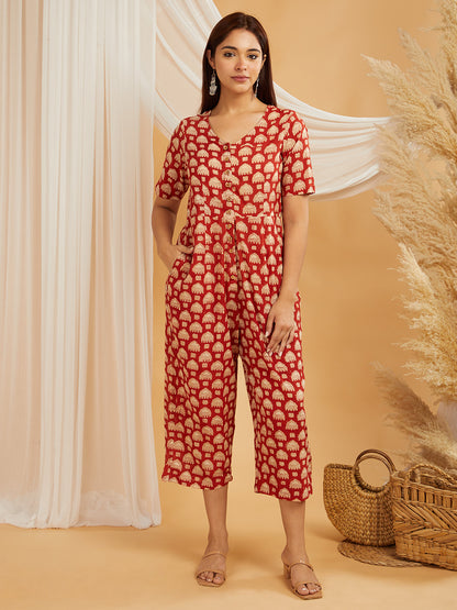 Hand Block Printed Jumpsuit- Red Floral