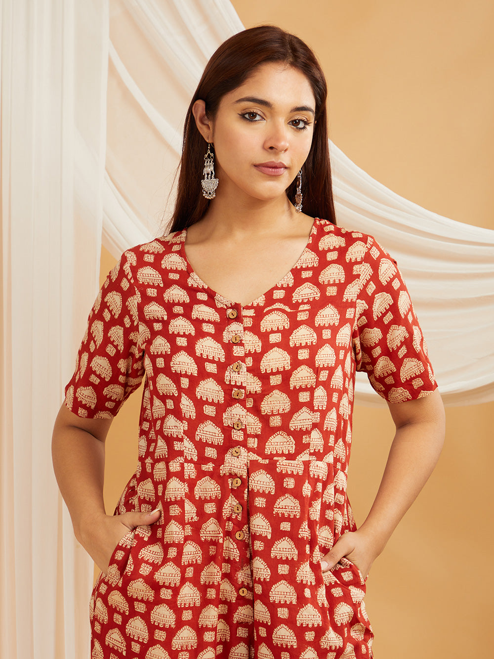 Hand Block Printed Jumpsuit- Red Floral
