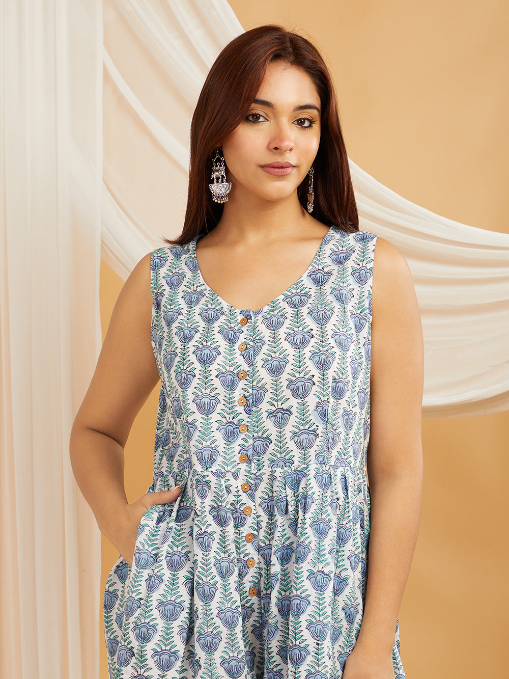 Hand Block Printed Cotton Jump Suit- Sky Blue