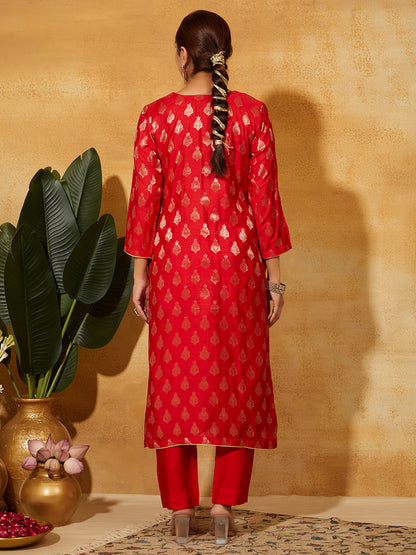 Back view of red Banarasi silk kurta with gold design â€“ Meetaâ€™s festive suit set