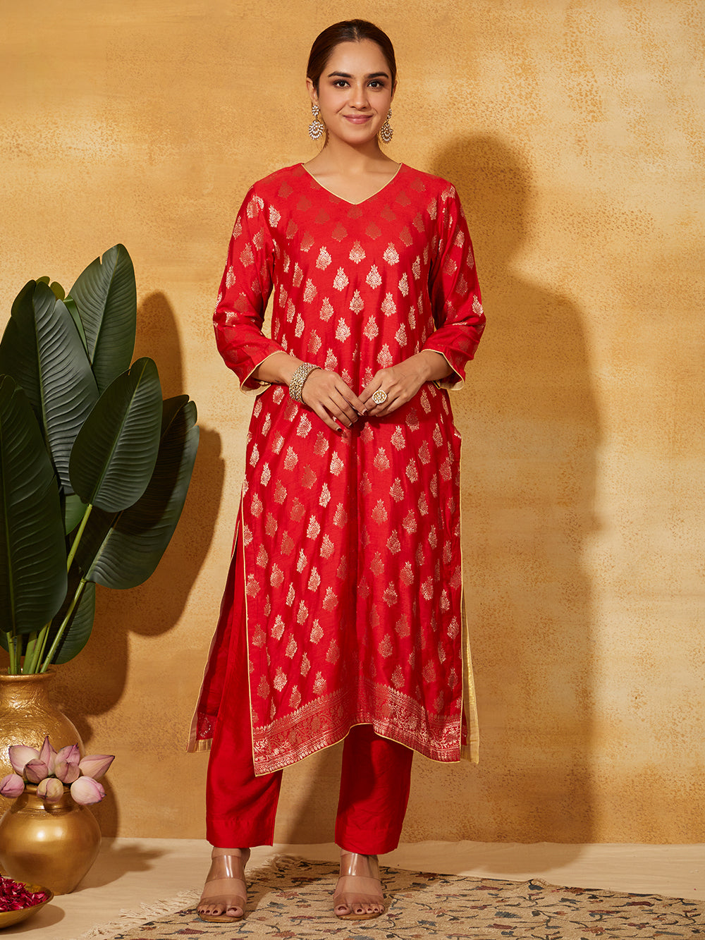 Front view of red Banarasi silk kurta with gold design â€“ Meetaâ€™s festive suit set