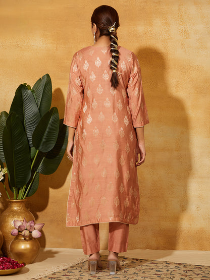 Katan Silk Suit Set- Peach Floral ( 3 piece )