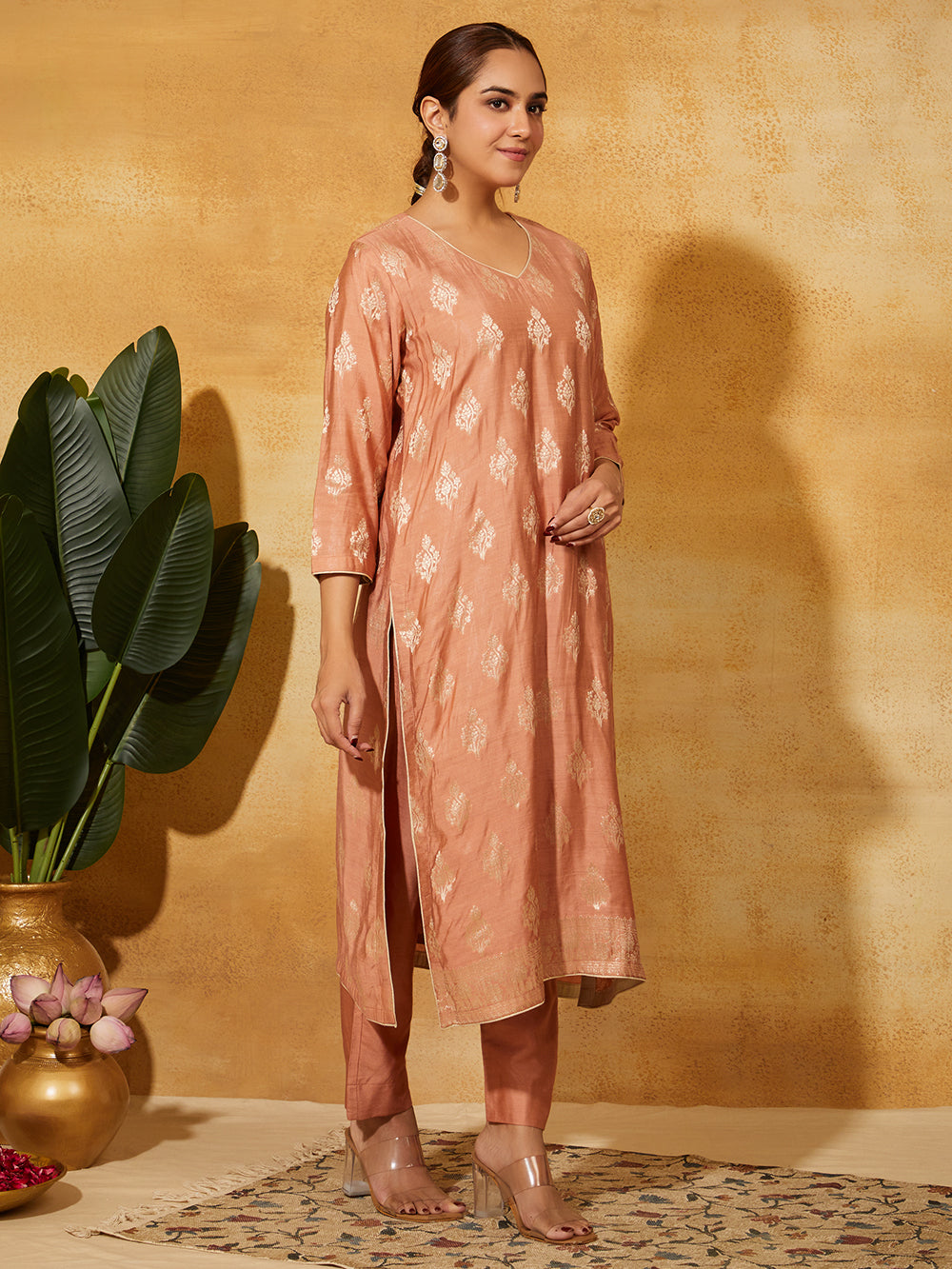 Katan Silk Suit Set- Peach Floral ( 3 piece )