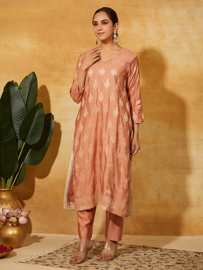 Katan Silk Suit Set- Peach Floral ( 3 piece )