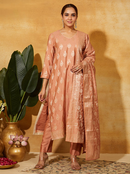 Katan Silk Suit Set- Peach Floral ( 3 piece )