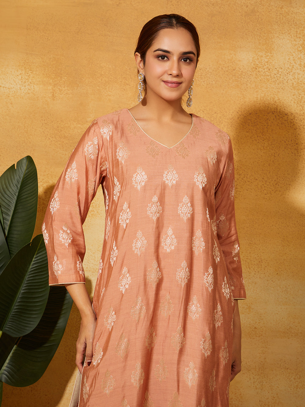 Katan Silk Suit Set- Peach Floral ( 3 piece )