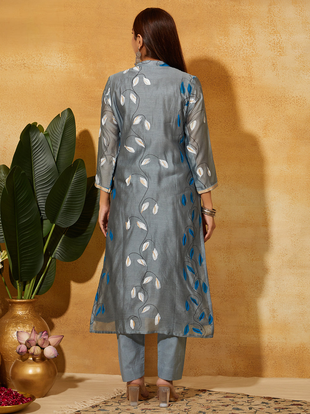 Back view of hand painted chanderi silk suit Wearing by Meeta's