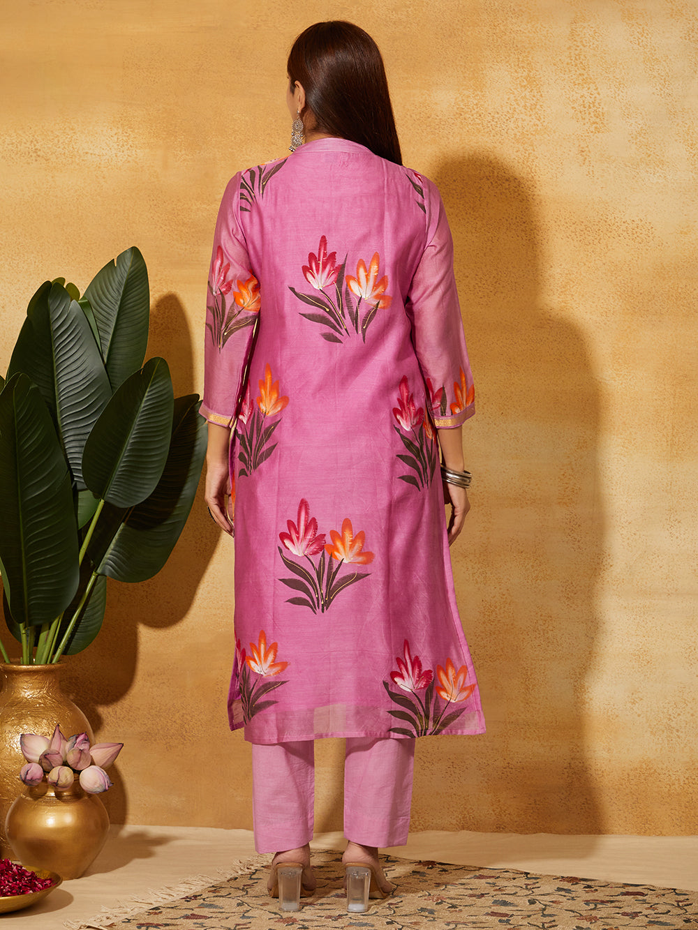 Hand Painted Chanderi Silk Suit Set - Rose Pink ( 3 Piece )