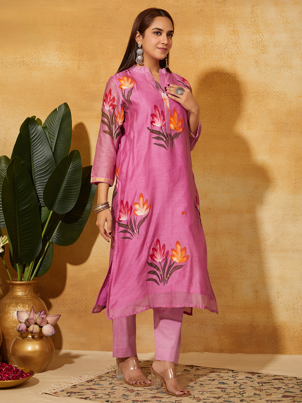 Hand Painted Chanderi Silk Suit Set - Rose Pink ( 3 Piece )
