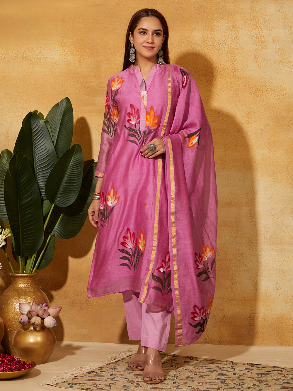 Hand Painted Chanderi Silk Suit Set - Rose Pink ( 3 Piece )