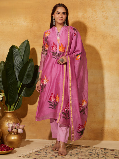 Hand Painted Chanderi Silk Suit Set - Rose Pink ( 3 Piece )