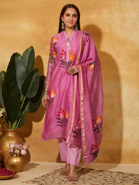 Hand Painted Chanderi Silk Suit Set - Rose Pink ( 3 Piece )
