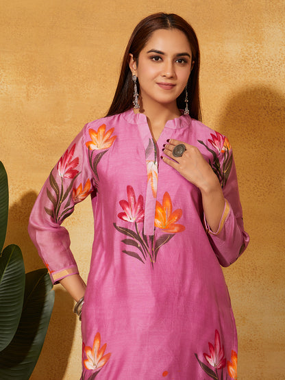 Hand Painted Chanderi Silk Suit Set - Rose Pink ( 3 Piece )