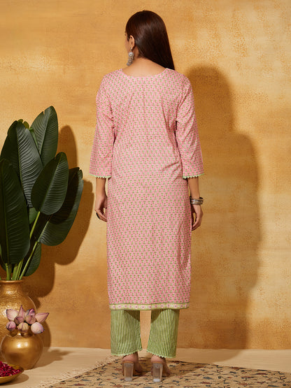 Hand Block Printed Cotton Suit Set- Light Pink Floral ( 3 Piece )