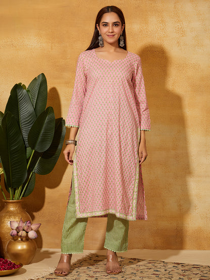 Hand Block Printed Cotton Suit Set- Light Pink Floral ( 3 Piece )