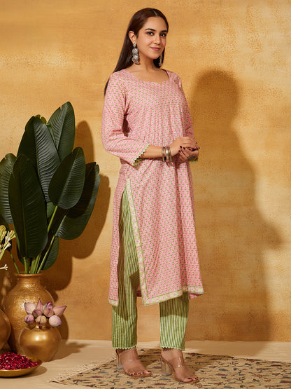 Hand Block Printed Cotton Suit Set- Light Pink Floral ( 3 Piece )