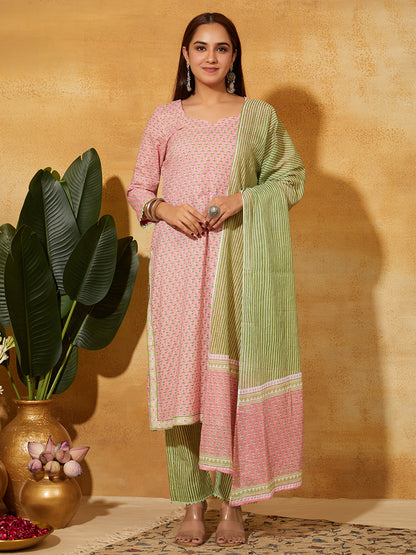 Hand Block Printed Cotton Suit Set- Light Pink Floral ( 3 Piece )