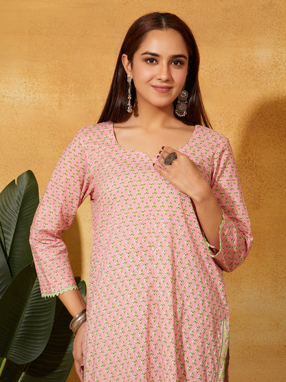Hand Block Printed Cotton Suit Set- Light Pink Floral ( 3 Piece )