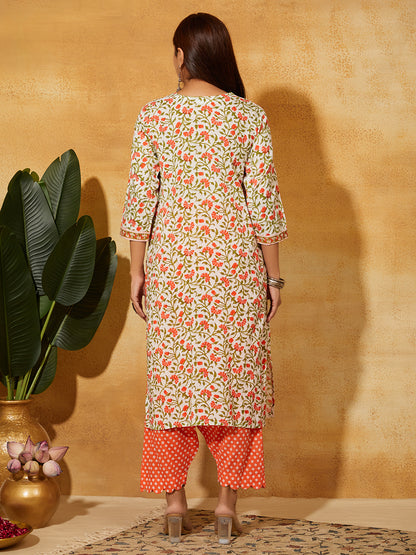 Hand Block Printed Cotton Suit Set- Orange Floral   ( 3PC)