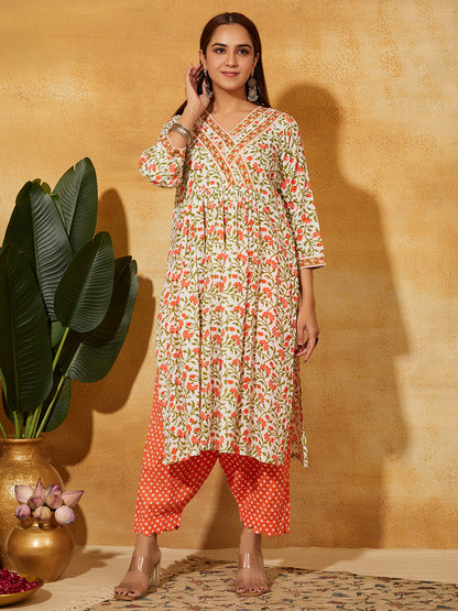 Hand Block Printed Cotton Suit Set- Orange Floral   ( 3PC)