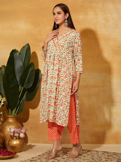 Hand Block Printed Cotton Suit Set- Orange Floral   ( 3PC)