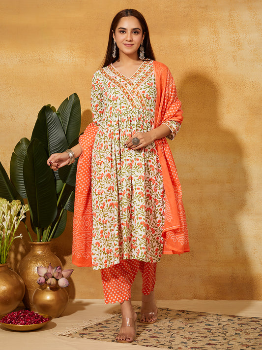 Hand Block Printed Cotton Suit Set- Orange Floral   ( 3PC)