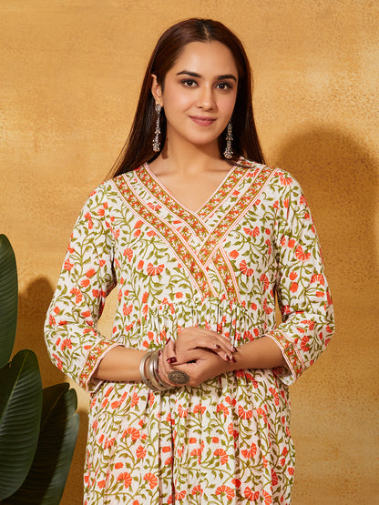 Hand Block Printed Cotton Suit Set- Orange Floral   ( 3PC)