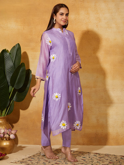 Hand Painted Chanderi Silk Suit Set- Lavender Floral ( 3 piece )