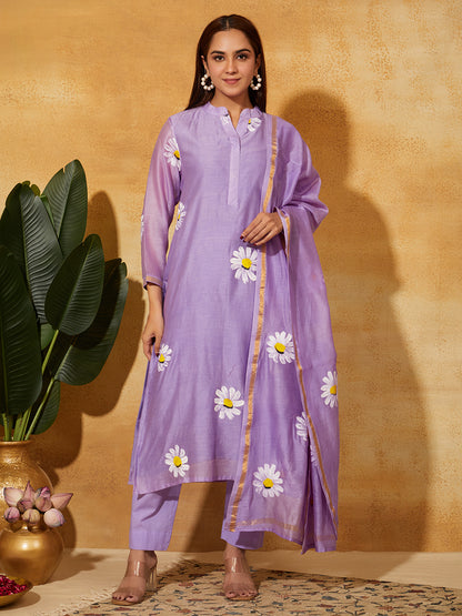Hand Painted Chanderi Silk Suit Set- Lavender Floral ( 3 piece )