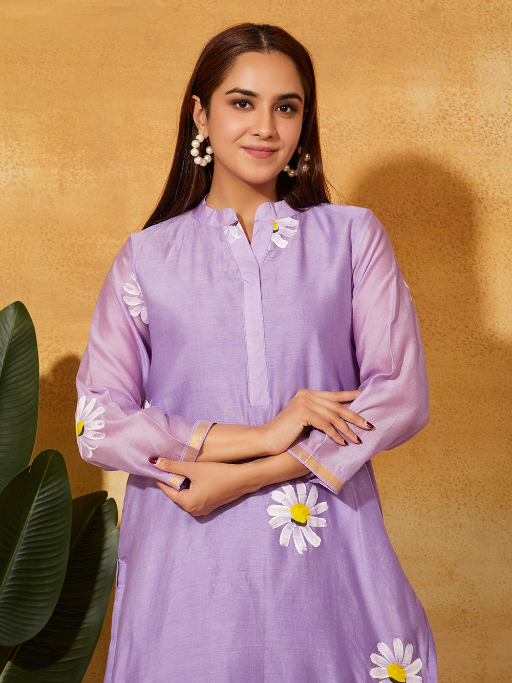 Hand Painted Chanderi Silk Suit Set- Lavender Floral ( 3 piece )