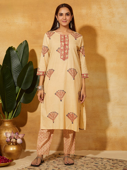 Hand Block Printed Cotton Suit Set- Beige Floral ( 2 piece )