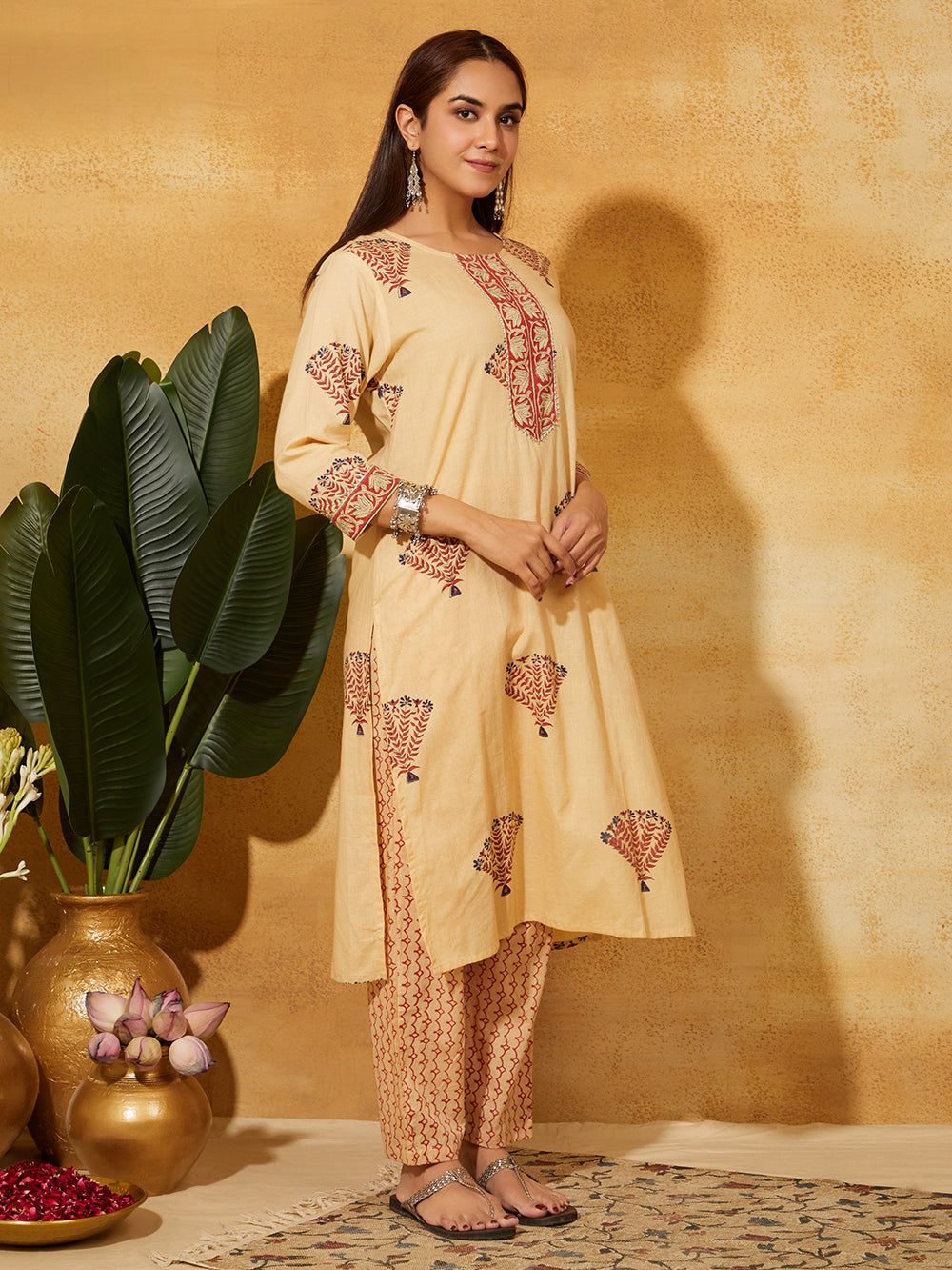 Hand Block Printed Cotton Suit Set- Beige Floral ( 2 piece )
