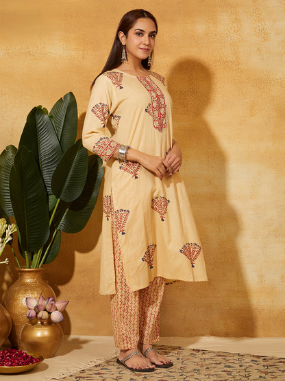 Hand Block Printed Cotton Suit Set- Beige Floral ( 2 piece )