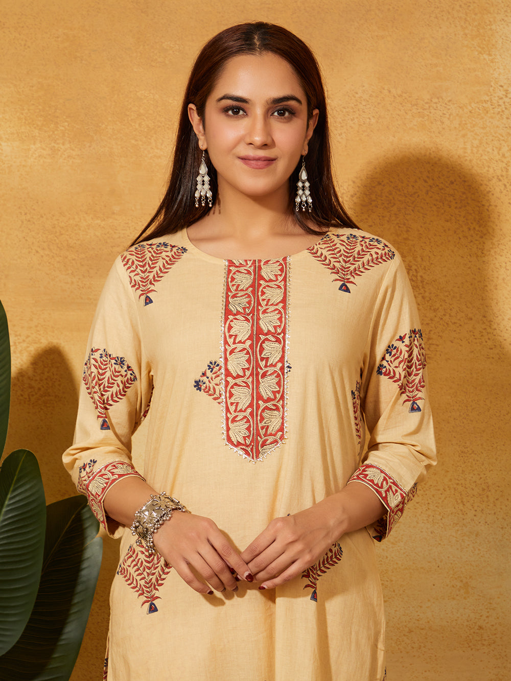 Hand Block Printed Cotton Suit Set- Beige Floral ( 2 piece )