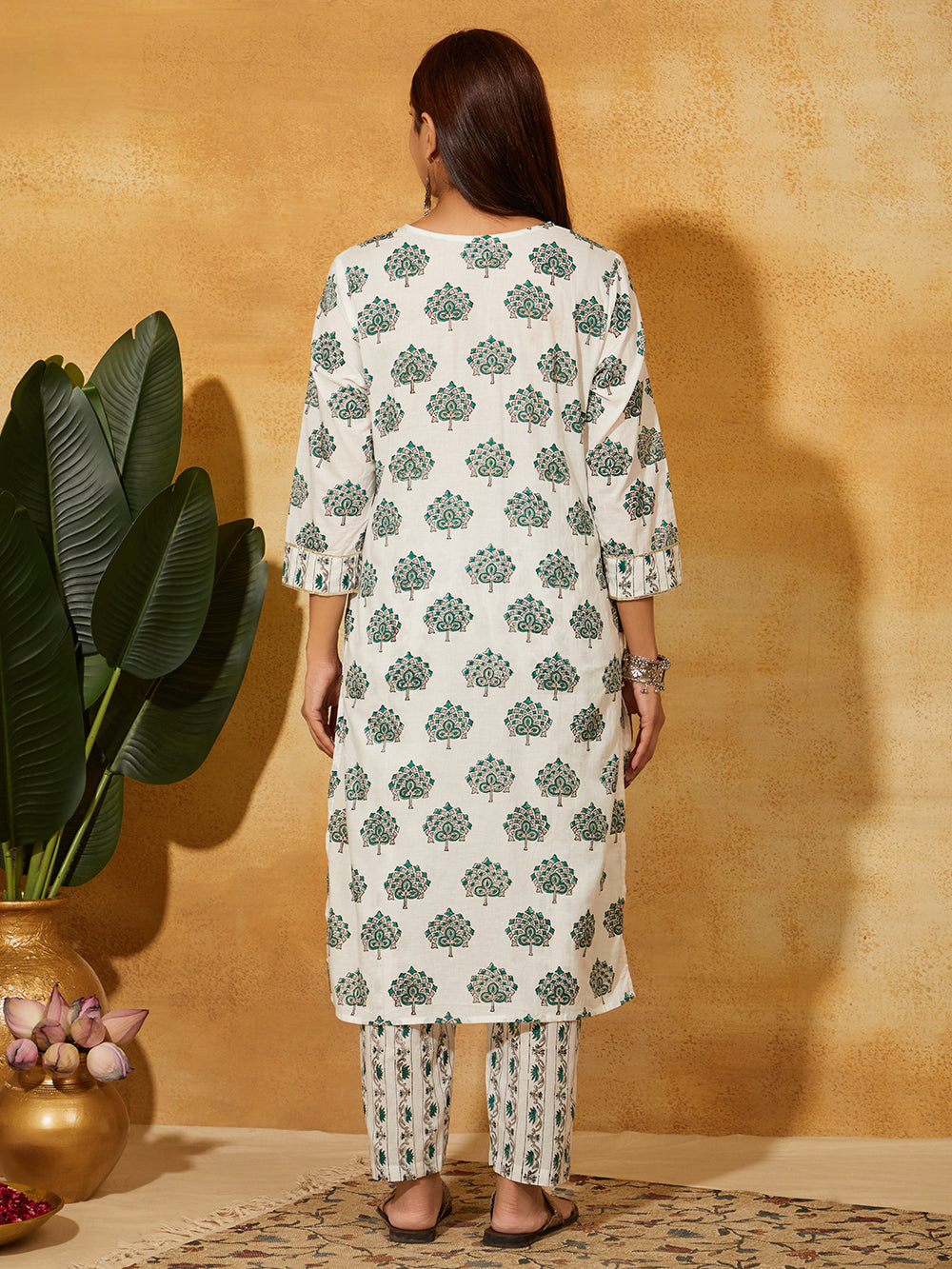 Hand Block Printed Cotton Suit Set- White  Floral ( 2 Piece)