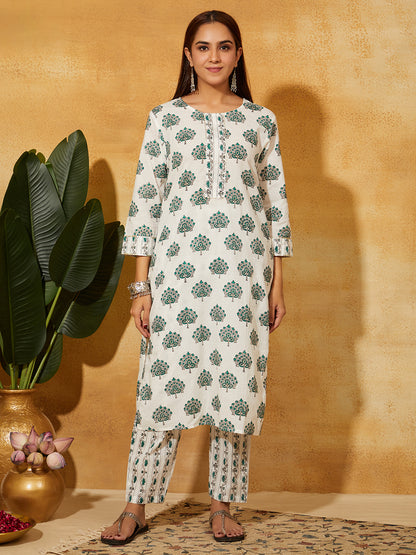Hand Block Printed Cotton Suit Set- White  Floral ( 2 Piece)