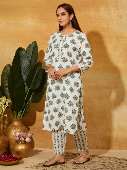 Hand Block Printed Cotton Suit Set- White  Floral ( 2 Piece)