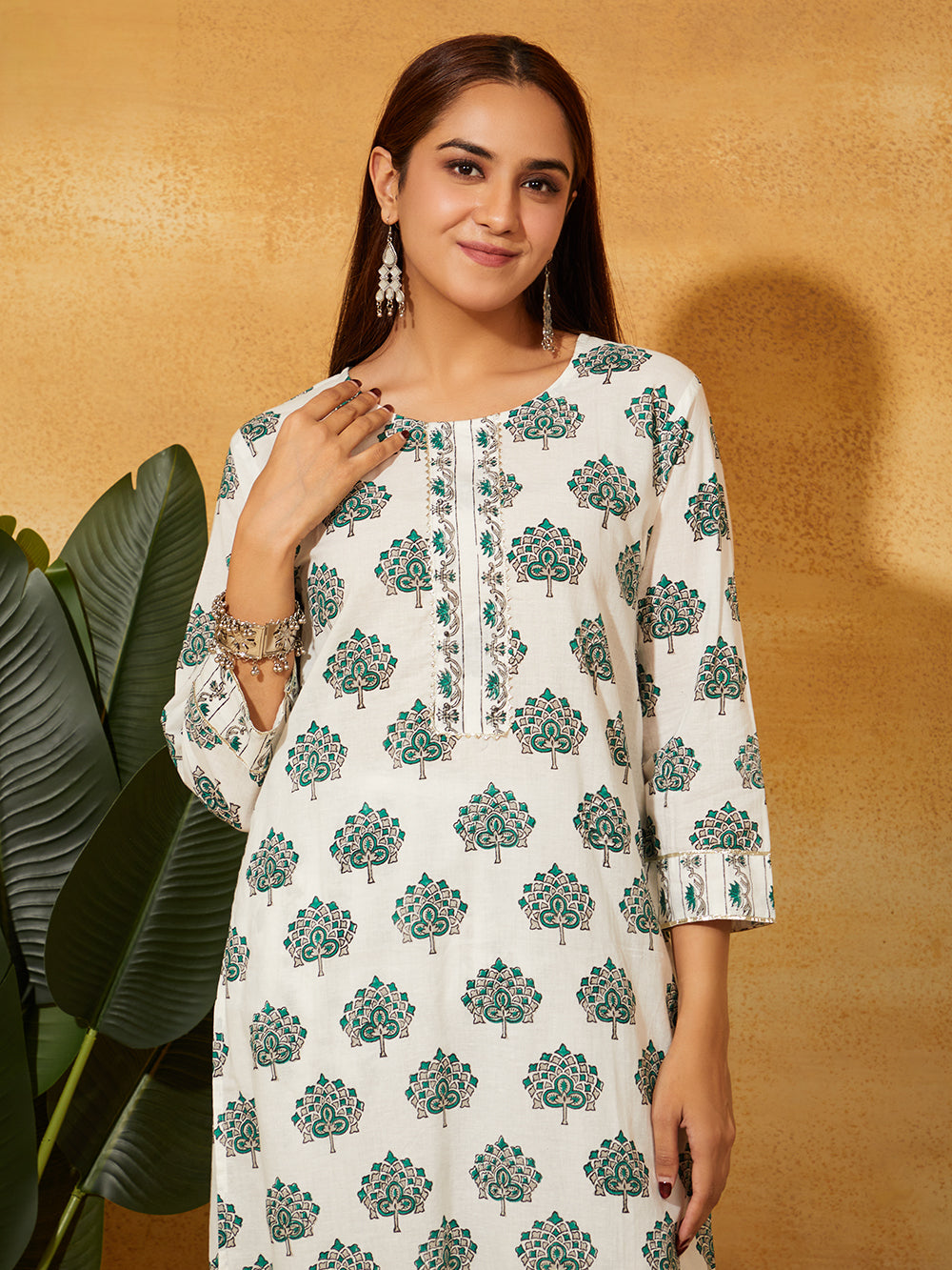 Hand Block Printed Cotton Suit Set- White  Floral ( 2 Piece)