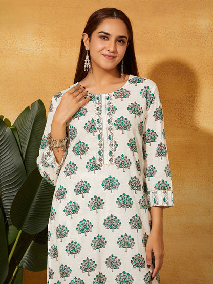 Hand Block Printed Cotton Suit Set- White  Floral ( 2 Piece)
