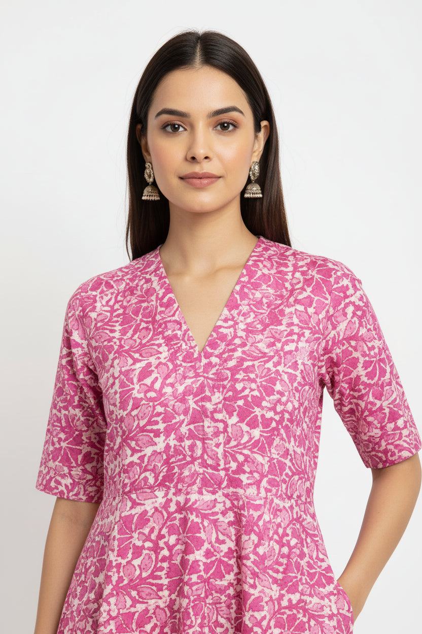 Priya Pink Hand Block Printed Cotton Dress