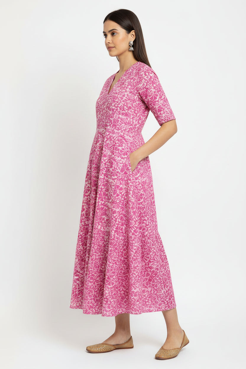 Priya Pink Hand Block Printed Cotton Dress