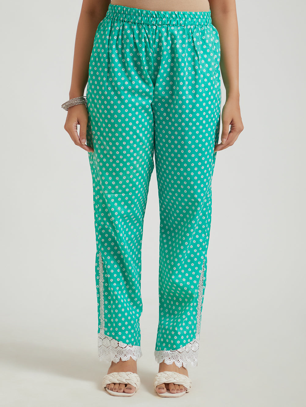 Women's Green Hand Block Print Pants, Front View