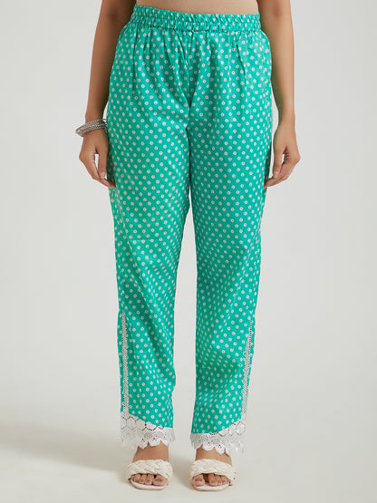 Women's Green Hand Block Print Pants, Front View