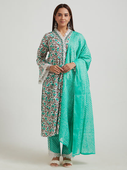 Women wearing printed ethnic suit set with green pants and matching dupatta-front view”