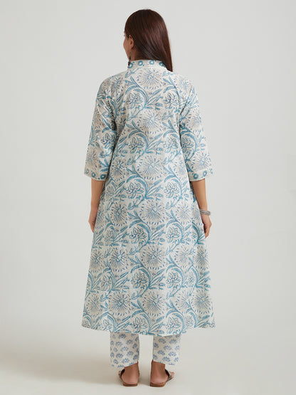 Hand Block Printed Cotton Suit Set- Powder Blue ( 3 Piece )