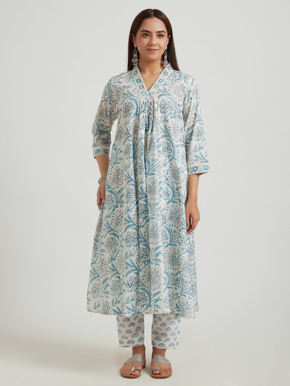 Hand Block Printed Cotton Suit Set- Powder Blue ( 3 Piece )