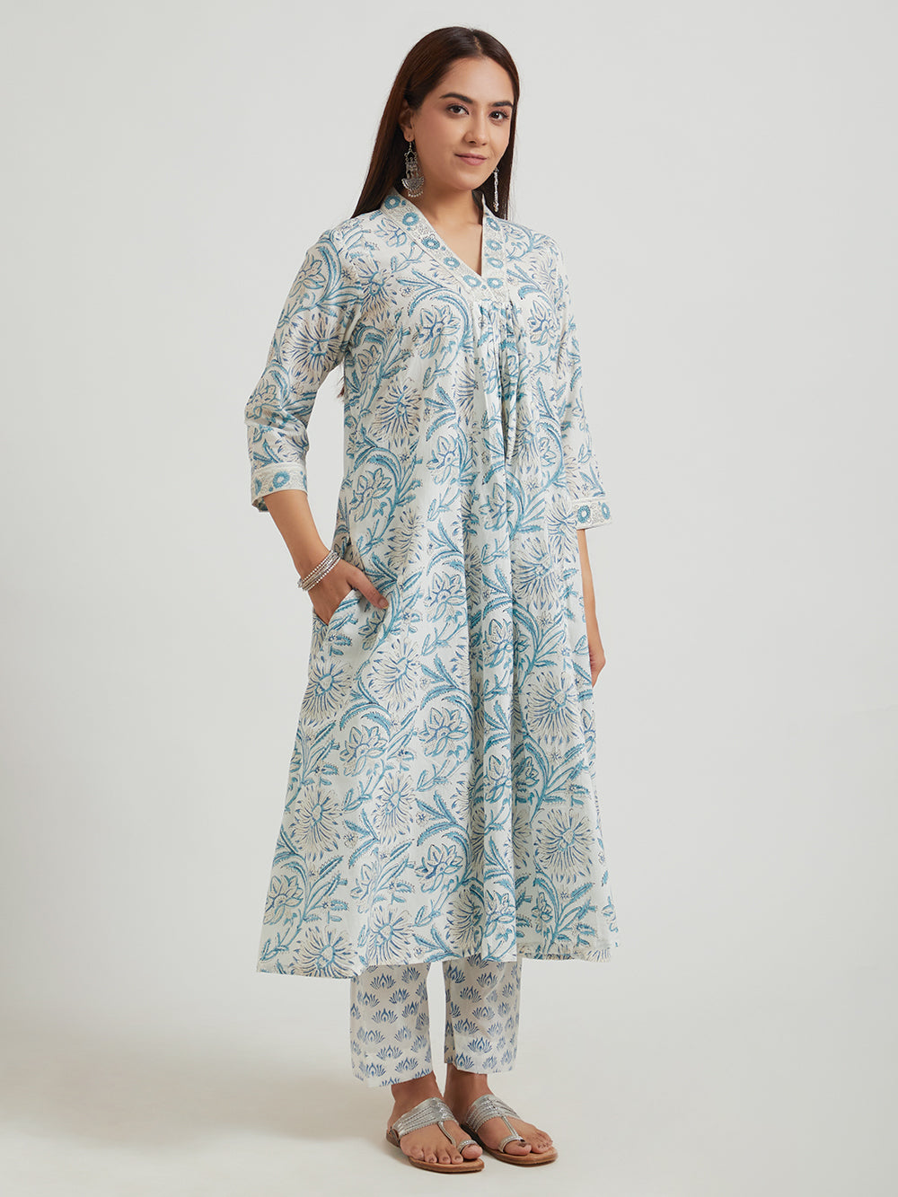 Hand Block Printed Cotton Suit Set- Powder Blue ( 3 Piece )
