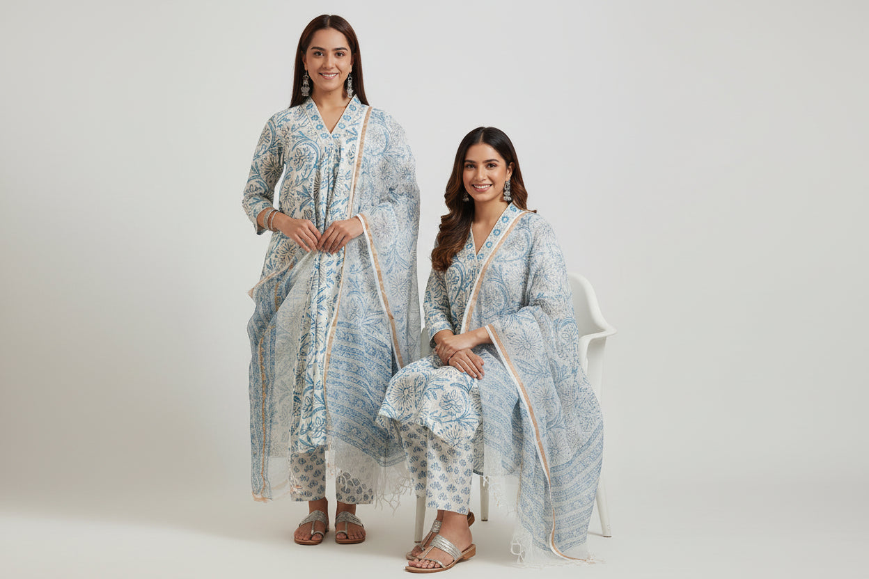 Hand Block Printed Cotton Suit Set- Powder Blue ( 3 Piece )